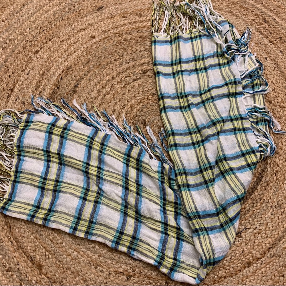 NWT Disney yellow blue plaid fringe square scarf